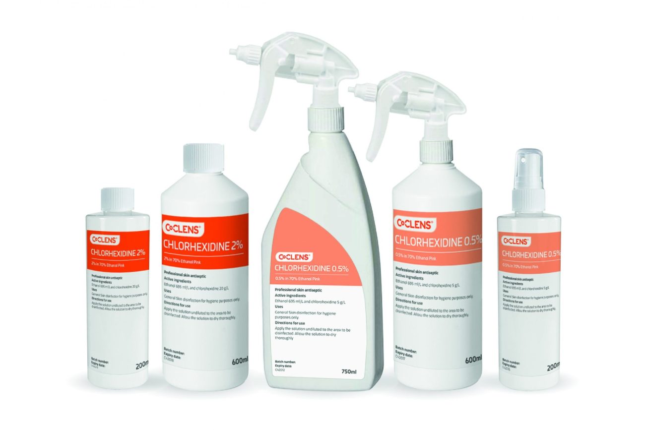 Co-Clens chlorhexidine skin antiseptic range: screw-cap bottles and trigger sprays