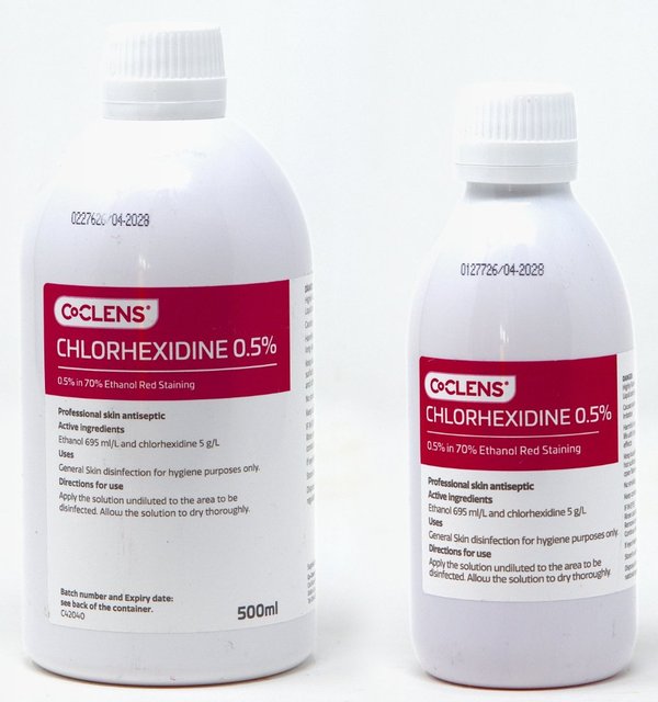 Co-Clens Chlorhexidine 0.5% in 70% ethanol, red staining, 500ml and 200ml