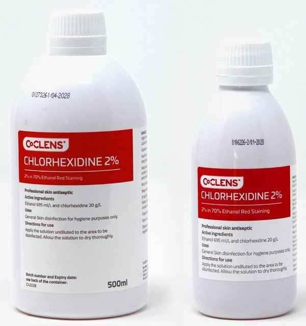 Co-Clens Chlorhexidine 2% in 70% ethanol, red staining, 500ml and 200ml