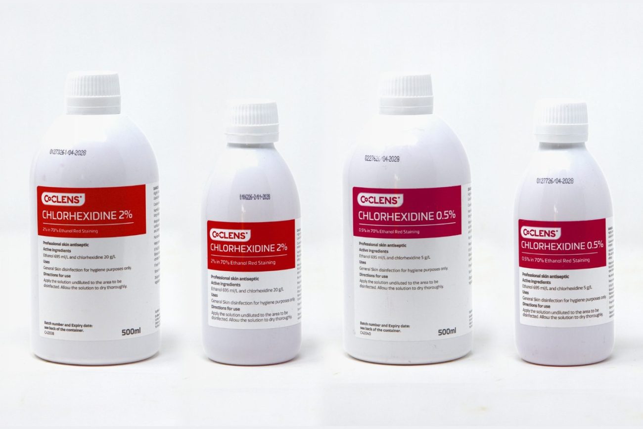 Co-Clens red staining Chlorhexidine 2% and 0.5% in 70% ethanol, 500ml and 200ml bottles