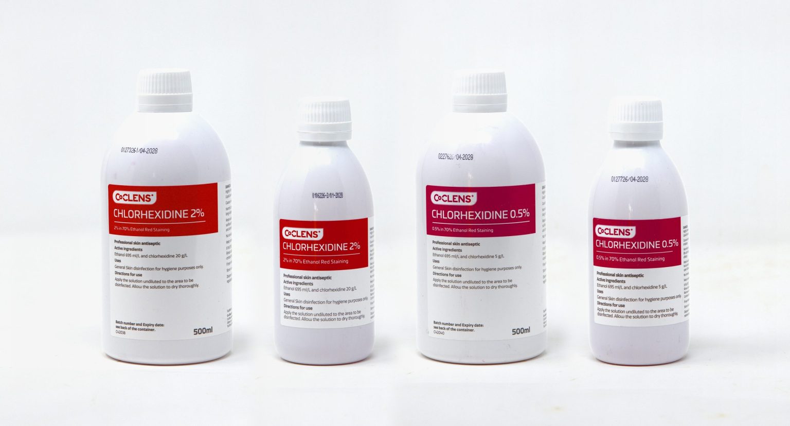 Co-Clens red staining chlorhexidine 2% and 0.5% in 70% ethanol, 500ml and 200ml bottles